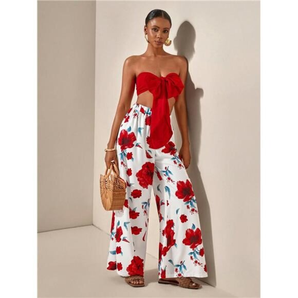 2025New Casual Holiday Strapless Tube Top & Floral Printed Pants 2pcs
